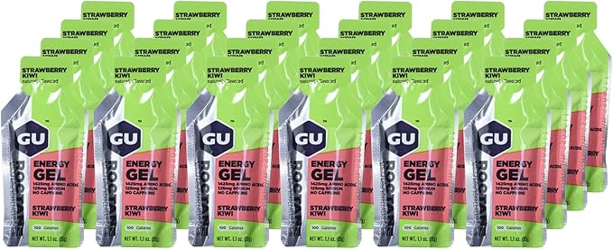 GU Energy Roctane Ultra Endurance Energy Gel, Vegan, Gluten-Free, Kosher, and Dairy-Free On-The-Go Sports Nutrition for Running, Biking, Hiking or Skiing, Strawberry Kiwi (24 Packets)