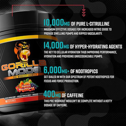 Gorilla Mode Pre Workout - Massive Pumps · Laser Focus · Energy · Power - L-Citrulline, Creatine, L-Tyrosine, Betaine, Hydroprime®, Alpha-GPC, 400mg Caffeine, Huperzine A - 776g (Rainbow Sherbet)