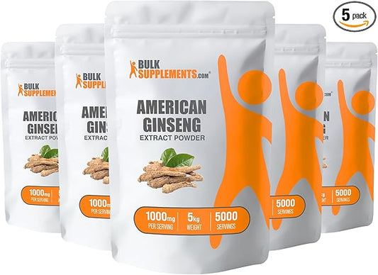 BulkSupplements.com American Ginseng Extract Powder - Ginseng Supplement, American Ginseng Powder, Ginseng Herbal Supplements - Gluten Free, 1000mg per Serving, 5kg (11 lbs) (Pack of 5)