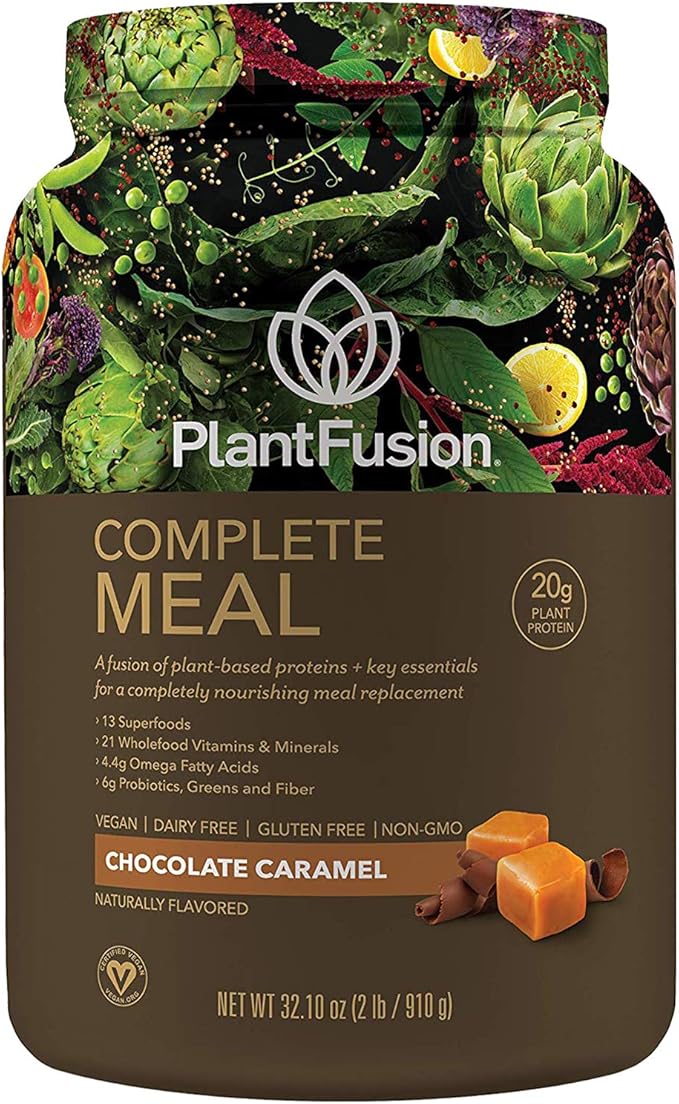 PlantFusion Complete Meal Replacement Shake - Plant Based Protein Powder with Superfoods, Greens & Probiotics - Vegan, Gluten Free, Soy Free, Non-Dairy, No Sugar, Non-GMO - Chocolate Caramel 2 lb