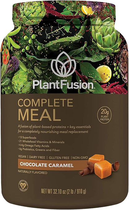 PlantFusion Complete Meal Replacement Shake - Plant Based Protein Powder with Superfoods, Greens & Probiotics - Vegan, Gluten Free, Soy Free, Non-Dairy, No Sugar, Non-GMO - Chocolate Caramel 2 lb
