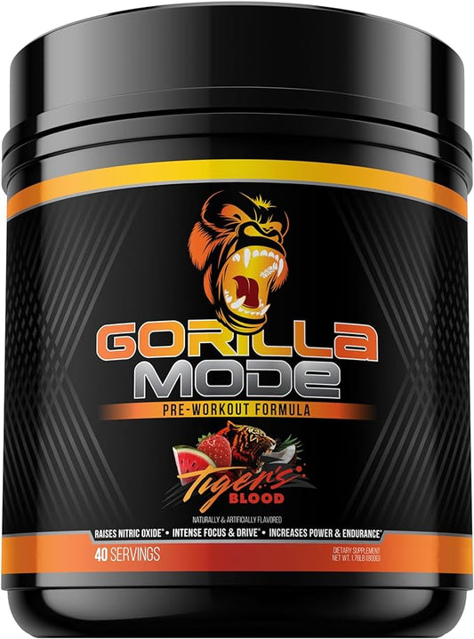 Gorilla Mode Pre Workout - Massive Pumps · Laser Focus · Energy · Power - L-Citrulline, Creatine, L-Tyrosine, Betaine, Hydroprime®, Alpha-GPC, 400mg Caffeine, Huperzine A - 800g (Tigers Blood)