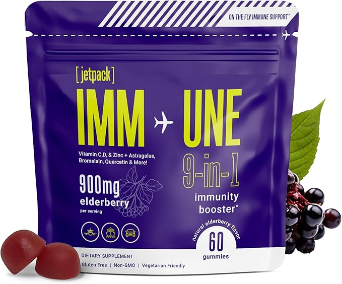 Travel Essential, Immune and Stress Support Gummy, Elderberry, Vitamin C, D, Zinc, Echinacea, Astragalus, Quercetin, Bromelain, Travel Immunity, Flight Essentials, 60ct