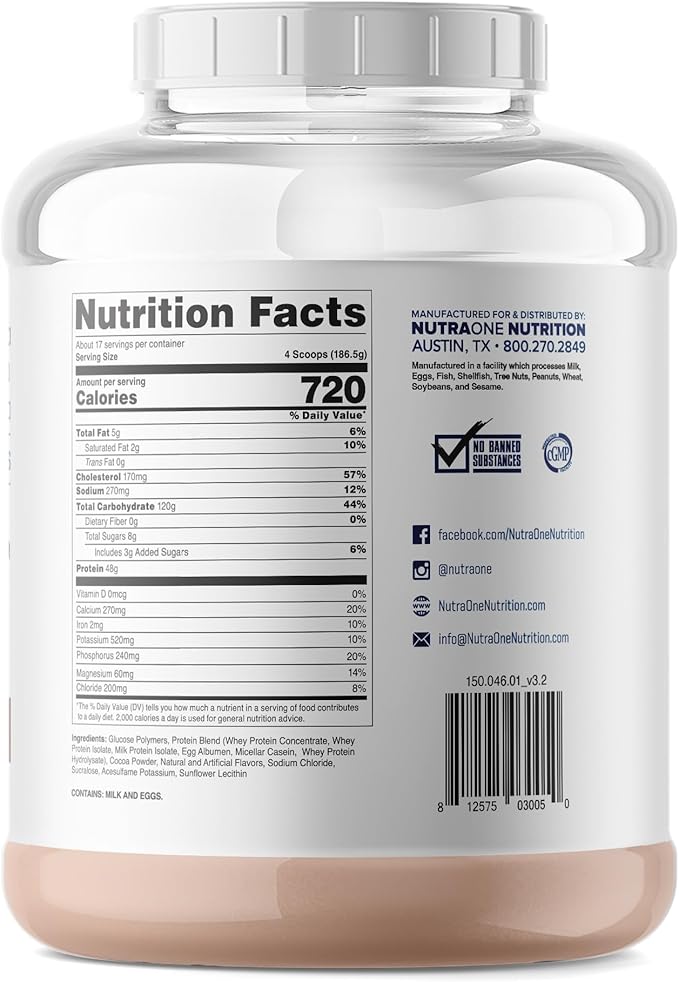 NutraOne Massone Mass Gainer Protein Powder Gain Weight Protein Meal Replacement (Gourmet Chocolate - 7 lbs.)