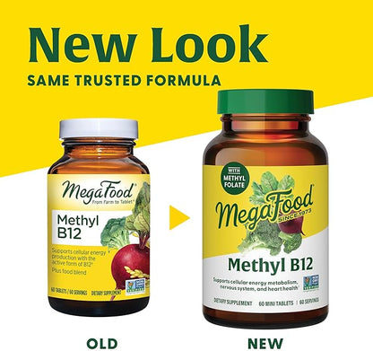 MegaFood Methyl B12 - Vegan - Includes Methyl Folate, Vitamin B12 & B6 - Supports Cellular Energy Production, Nervous System Health & Cardiovascular Function - 90 Tablets