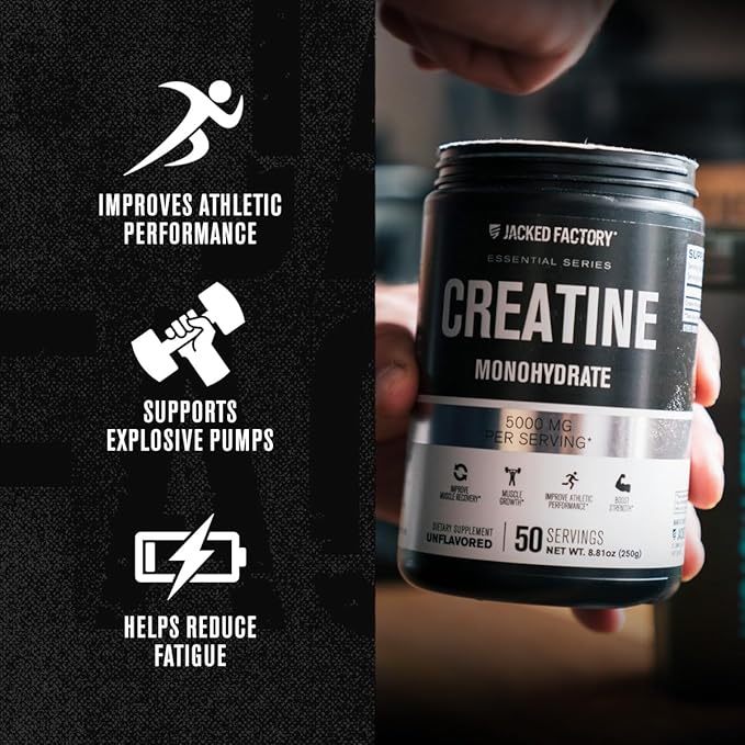 Jacked Factory Creatine Monohydrate Powder 250g - Creatine Supplement for Muscle Growth, Increased Strength, Enhanced Energy Output and Improved Athletic Performance 50 Servings, Unflavored