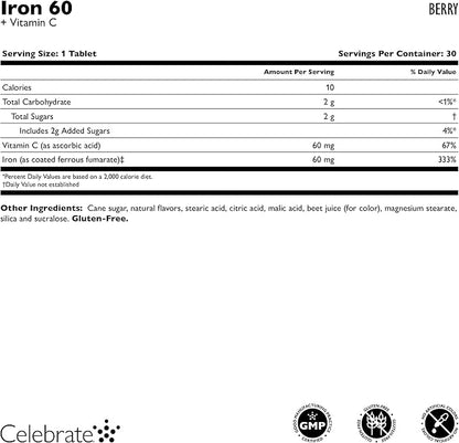 Celebrate Vitamins Iron Supplement with Vitamin C - 60mg Iron, 60mg Vitamin C, Bariatric Vitamins for WLS Patients, Vertical Sleeve & Gastric Bypass Surgery - Berry, 30 Chewable Tablets