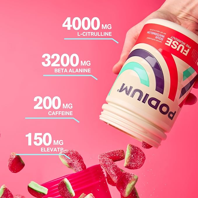 Podium Nutrition, Fuse Pre Workout Powder, Sour Watermelon, 30 Servings, Beta Alanine and Caffeine for Energy, Gluten Free, Soy Free, Dairy Free