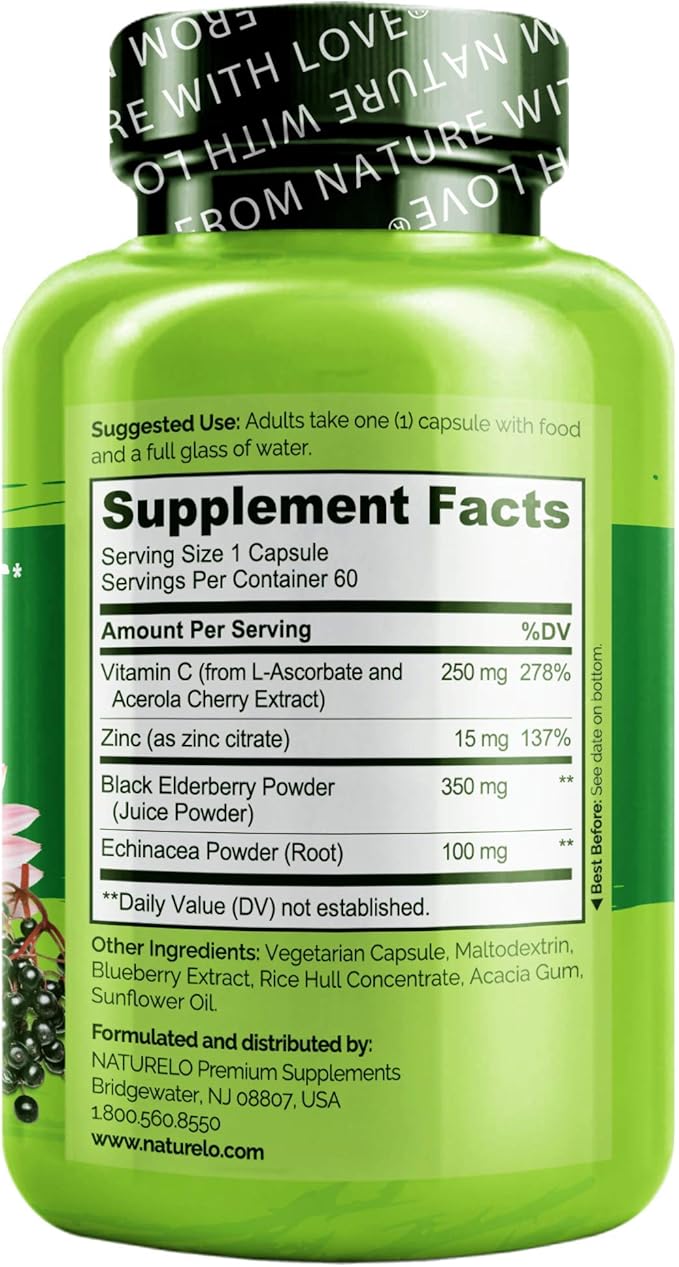 NATURELO Immune Support – Vitamin C, Elderberry, Zinc, Echinacea – Natural Immunity Boost w/Antioxidant, Herbal & Mineral Defense - Twin Pack - 120 Vegan Capsules