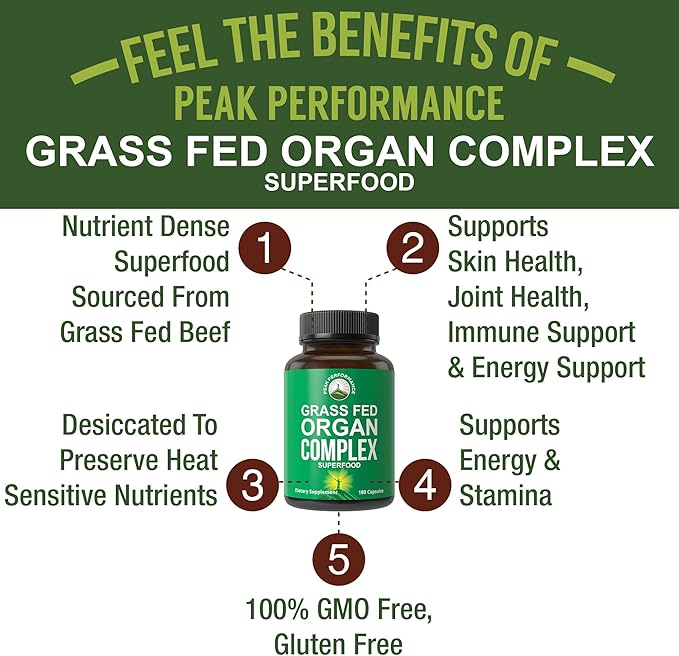 Peak Performance Grass Fed Beef Organ Complex from New Zealand (180 Capsules) Desiccated Organs Superfood Pills. GrassFed Beef Liver Capsules with Heart, Kidney, Pancreas, Spleen. Supplement
