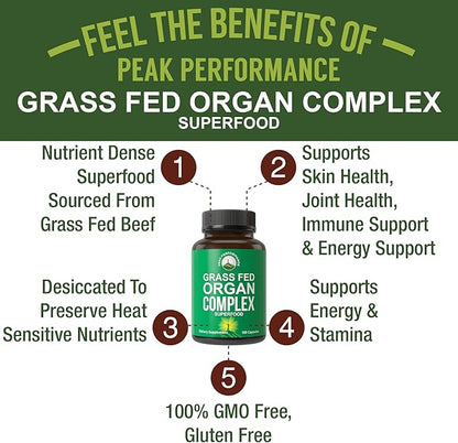 Peak Performance Grass Fed Beef Organ Complex from New Zealand (180 Capsules) Desiccated Organs Superfood Pills. GrassFed Beef Liver Capsules with Heart, Kidney, Pancreas, Spleen. Supplement