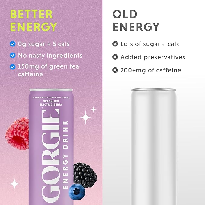 GORGIE Sugar Free Natural Energy Drinks, Sparkling Electric Berry (12 Pack) - Healthy Energy Drinks - Natural Coffee Replacement with Green Tea Caffeine and Biotin - 150mg Caffeine, Vegan, Low Calorie