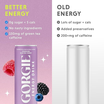 GORGIE Sugar Free Natural Energy Drinks, Sparkling Electric Berry (12 Pack) - Healthy Energy Drinks - Natural Coffee Replacement with Green Tea Caffeine and Biotin - 150mg Caffeine, Vegan, Low Calorie