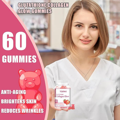 Glutathione Collagen Glow Gummies for Women, Glow Beauty Collagen Anti-Aging brightens Skin Tone & Reduces Fine Lines Wrinkles, Strawberry Flavor, 60 Gummies, 30 Servings (30 Days)