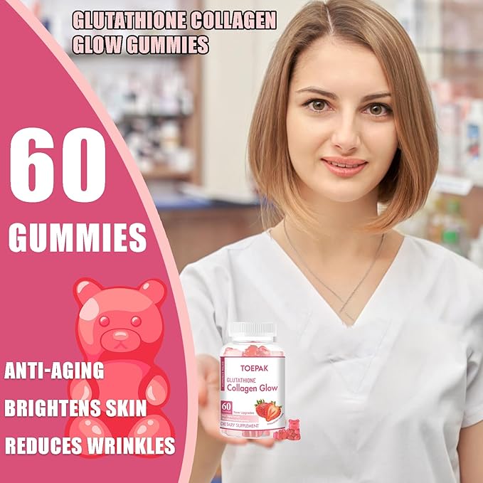 Multi Collagen Protein Glow Beauty Collagen Gummies, Women's Anti-Aging Support with Glutathione, Biotin & Multivitamins, Promotes Skin & Hair Health, Strawberry, 180 Gummies (90 Days)