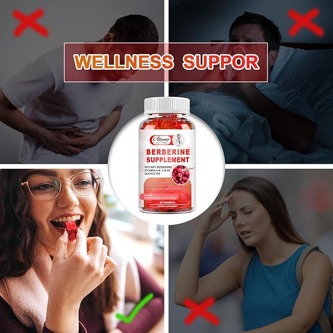 Sugar-Free Berberine Supplement Gummies, 1500mg Original Berberine HCL with Ceylon Cinnamon, Quercetin, Multivitamin, Support Immune & Gastrointestinal Function & Metabolism for Women & Men