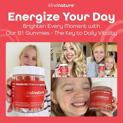 Kind Nature Vitamin B1 Gummies - Chewable Thiamine 500mg per Serving - Non GMO, Vegan, Natural Strawberry Flavor Thiamine B1 Supplement for Adults & Kids