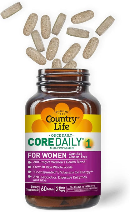 Country Life Women’s Core 1 Daily Multivitamin with Iron, Cranberry, Probiotics, and Digestive Enzymes-Certified Gluten-Free Formula for Energy, Immune Support and Complete Digestive Health,60 Tablets
