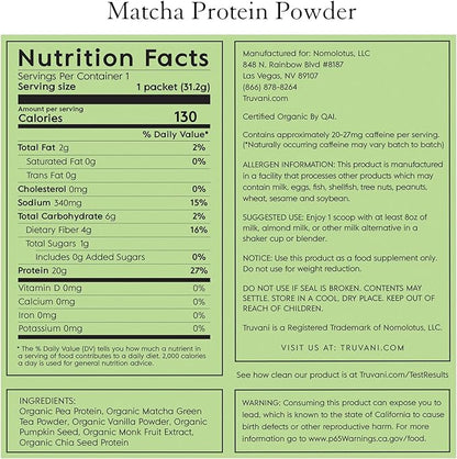 Truvani Vegan Pea Protein Powder | Matcha | 20g Organic Plant Based Protein | 10 Travel Packets | Keto | Gluten & Dairy Free | Low Carb | No Added Sugar