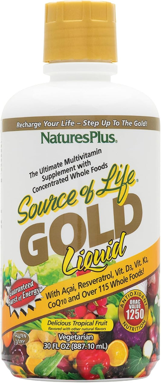 Natures Plus Source of Life Gold Multivitamin Liquid - 30 oz - Supports Energy Production, Healthy Immune System & Well-Being Includes Vitamins D3, B12, K2 & Over 120 Whole Food Nutrients, 30 Servings