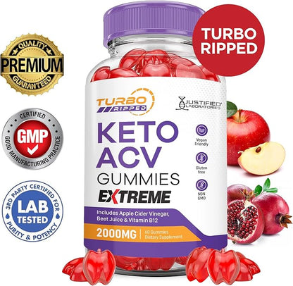 (2 Pack) Turbo Ripped Keto ACV Gummies Extreme 2000MG Turbo Ripped Keto Gummies Apple Cider Vinegar Formulated with Pomegranate Beet Juice Powder B12 Vegan Non GMO 120 Gummys