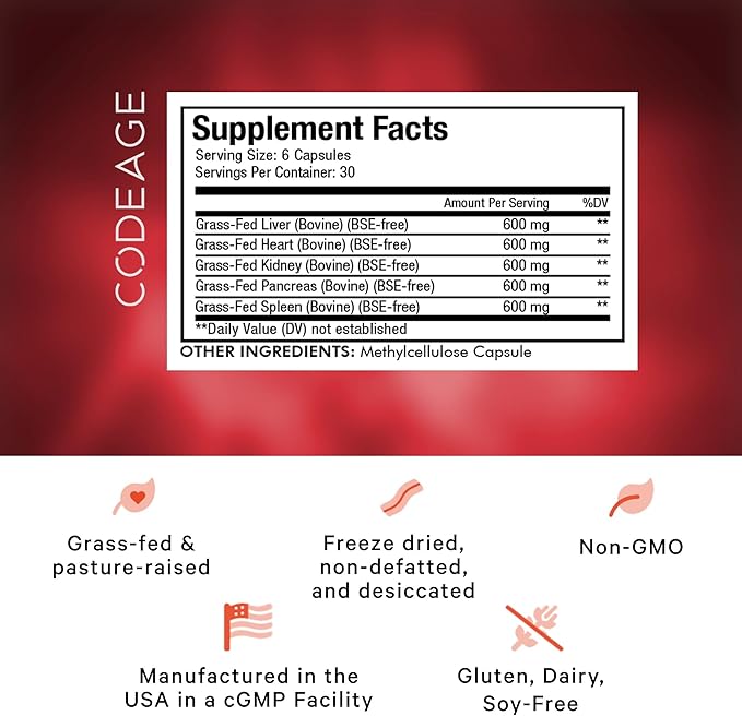 Codeage Grass Fed Beef Organs Supplement – Glandulars Supplements - Freeze Dried, Non-Defatted, Desiccated Liver, Heart, Kidney, Pancreas & Spleen Bovine Pills – Beef Vitamins - Non-GMO -180 Capsules