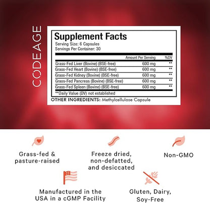 Codeage Grass Fed Beef Organs Supplement – Glandulars Supplements - Freeze Dried, Non-Defatted, Desiccated Liver, Heart, Kidney, Pancreas & Spleen Bovine Pills – Beef Vitamins - Non-GMO -180 Capsules
