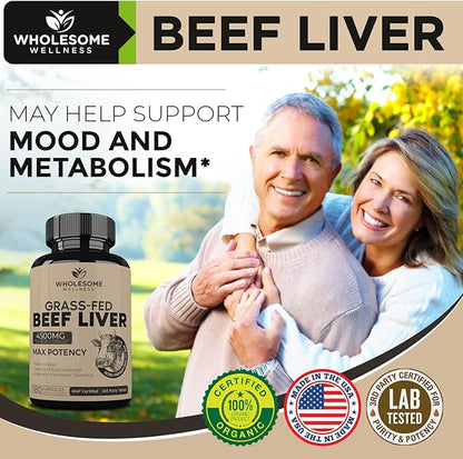 Grass Fed Desiccated Beef Liver Capsules (180 Pills, 750mg Each) - Natural Iron, Vitamin A, B12 for Energy - Humanely Pasture Raised Undefatted in New Zealand Without Hormones or Chemicals