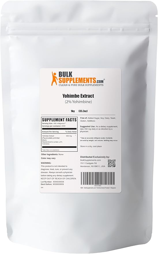 BulkSupplements.com Yohimbe Extract Powder - Yohimbe Bark Extract, Yohimbe Supplements, Yohimbe Bark Powder - Herbal Supplement, Gluten Free, 450mg per Serving, 1kg (2.2 lbs) (Pack of 1)
