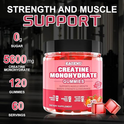 Creatine Monohydrate Gummies for Men & Women 120 CT - 5600mg of Creatine Monohydrate per Serving - Sugar Free Chewable Creatine for Muscle Strength, Energy Boost, Muscle Builder (Strawberry Flavor)