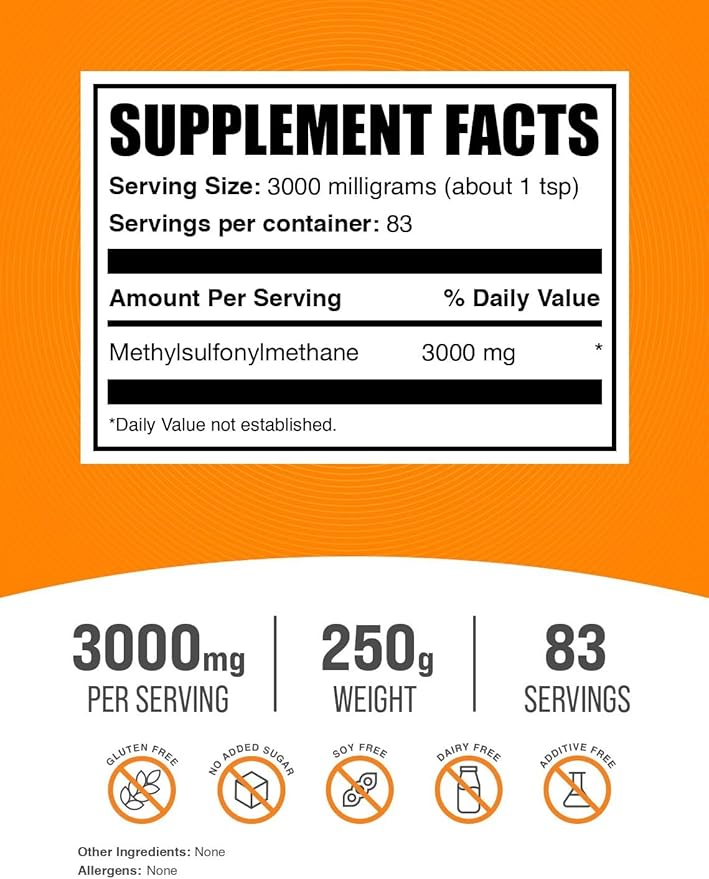 BulkSupplements.com MSM Powder - Methylsulfonylmethane, MSM Supplement - MSM Pure Powder, MSM 3000mg - for Joint Health, Gluten Free, 3000mg per Serving, 250g (8.8 oz) (Pack of 1)