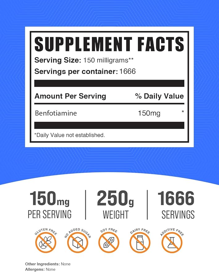 BulkSupplements.com Benfotiamine Powder - Thiamine B1 Supplement, Benfotiamine Supplement - Benfotiamine 150mg, Gluten Free - 150mg per Serving, 250g (8.8 oz) (Pack of 1)