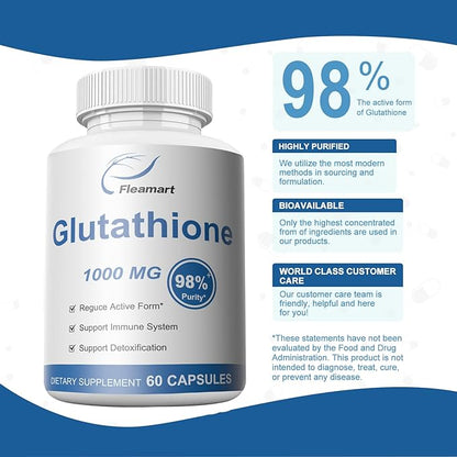Glutathione Supplement 98%+ Highly Purified and Bioavailable - Skin Care & Detoxification L-Glutathione 1000mg Immune & Liver Support - Made in The USA, 2 Packs