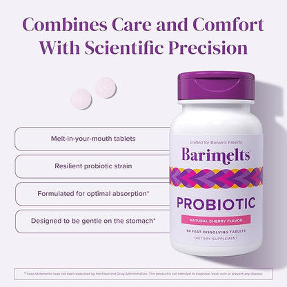 Barimelts Probiotic, 5 Billion CFU - 60 Fast-Dissolving Tablets (2-Month Supply) - Sugar-Free Probiotics for Women, Support Gut Health After Bariatric Surgery, Natural Cherry Flavor