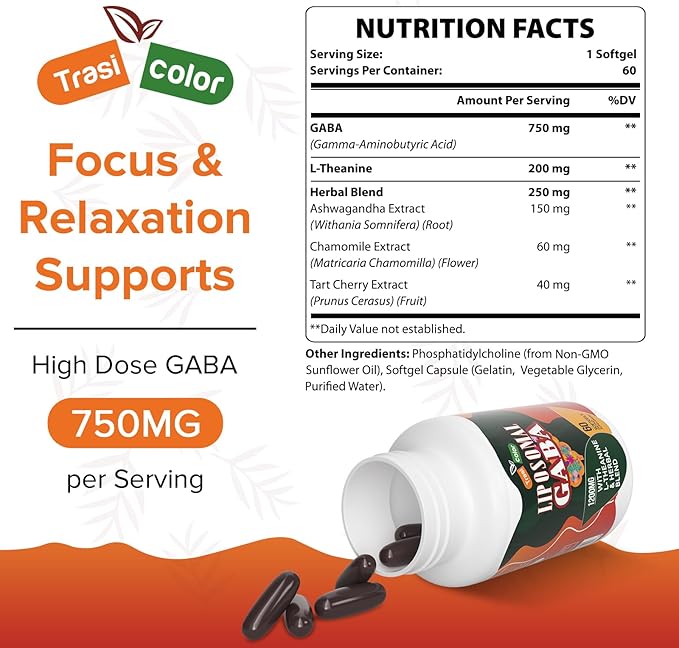 Liposomal GABA with L-Theanine Supplements 1200mg - High Absorption GABA Complex with Ashwagandha, Chamomile, Tart Cherry Herbal Supplements for Men and Women, 120 Softgels