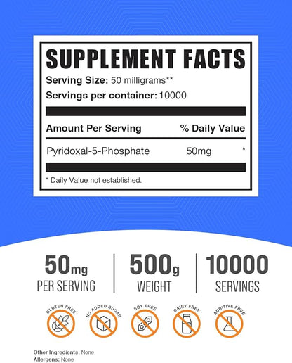 BulkSupplements.com Pyridoxal 5 Phosphate Powder - P-5-P Vitamin B6 Supplement, P-5-P 50mg - P5P Supplement, Gluten Free, 50mg of per Serving, 500g (1.1 lbs) (Pack of 1)