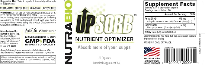 NutraBio UpSorb - BioPerine Supplement- Nutrient Bioavailability Enhancer with Black Pepper Extract - 60 Vegetable Capsules