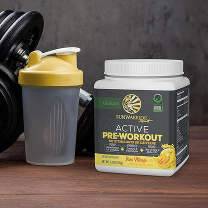 Pre Workout Powder Energy Drink Non-Stim & Caffeine Free | Vegan Plant-Based Pre-Workout Supplement | Pump Hydrate Focus Endurance & Strength Builder | Yuzu Mango Flavored 30 Serving Active Preworkout