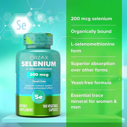 ORZAX Selenium 200mcg Capsules - L-Selenomethionine for Immune System Health & Thyroid Support - Antioxidants Supplement for Women and Men (180 Veg Capsules)