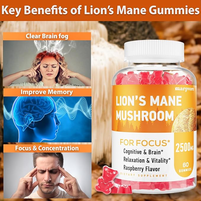 Lions Mane Gummies, Organic Lion's Mane Extract to 2500mg, Brain Supplements for Memory and Focus, Immune & Relaxation, Lions Mane Gummies for Adults, with Ashwagandha & Alpha GPC, 60 Mushroom Gummies