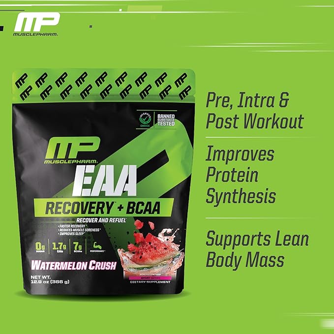Muscle Pharm EAA Recovery + BCAAs, Post Workout Essential Amino Acids Powder, Pre Workout Energy Supplement for Men & Women with Branched Chain Amino Acids, 30 Servings (Watermelon Crush)