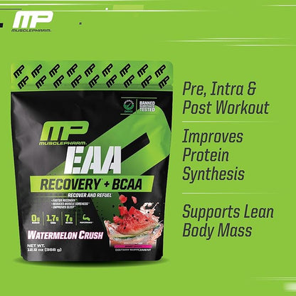 Muscle Pharm EAA Recovery + BCAAs, Post Workout Essential Amino Acids Powder, Pre Workout Energy Supplement for Men & Women with Branched Chain Amino Acids, 30 Servings (Watermelon Crush)