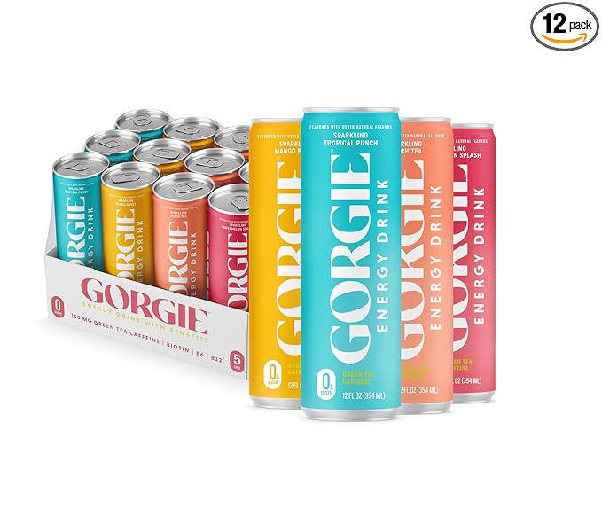 GORGIE Bestsellers Variety, Sugar-Free Natural Energy Drink Sparkling, Healthy Energy Drinks - Green Tea, Biotin, B Vitamins -150mg Caffeine, Vegan, & Low Calorie (Pack of 12)