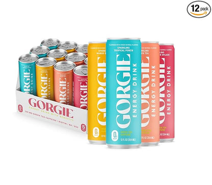 GORGIE Bestsellers Variety, Sugar-Free Natural Energy Drink Sparkling, Healthy Energy Drinks - Green Tea, Biotin, B Vitamins -150mg Caffeine, Vegan, & Low Calorie (Pack of 12)