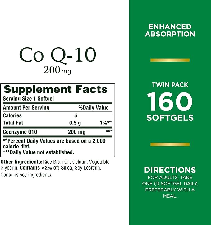 Nature's Bounty CoQ10 200 mg Softgels, Heart Health & Cellular Energy Support, Twin Pack, 160 Rapid Release Softgels