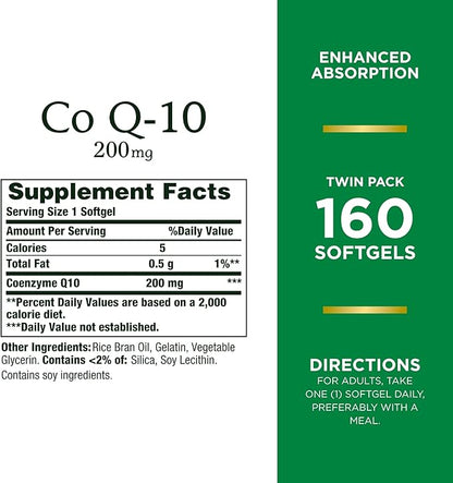 Nature's Bounty CoQ10 200 mg Softgels, Heart Health & Cellular Energy Support, Twin Pack, 160 Rapid Release Softgels