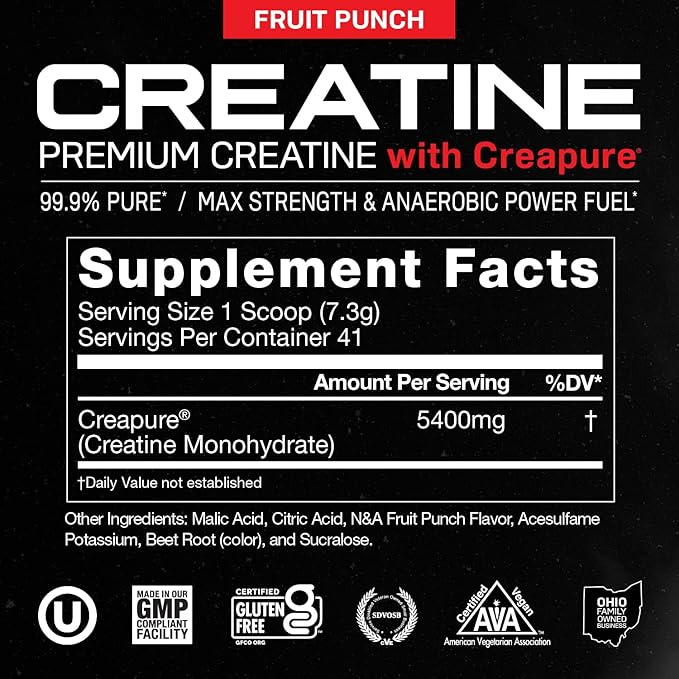 Muscle Feast Creapure Creatine Monohydrate Powder, Vegan Keto Friendly Gluten-Free Easy to Mix, Mass Gainer, Muscle Recovery Supplement and Best Creatine for Muscle Growth, Fruit Punch, 300g