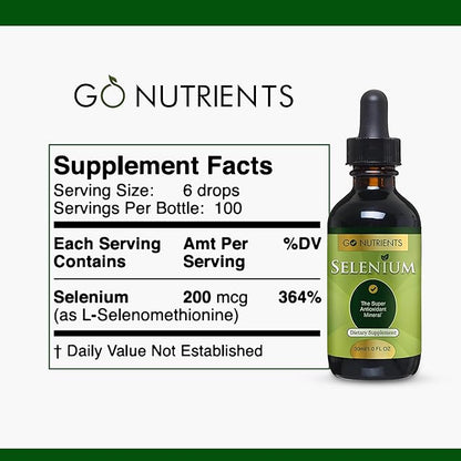 Go Nutrients Selenium 200 mcg Supplement, Yeast-Free Liquid Drops, Selenium Drops, Herbal Supplements with Trace Mineral Selenium and Purified Water, Selenium Liquid - 1.0 oz Bottle