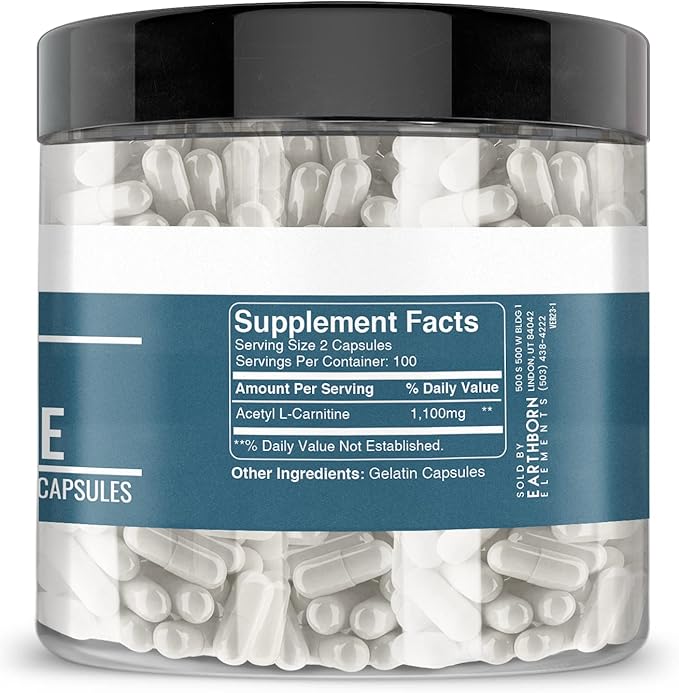 Earthborn Elements Acetyl L-Carnitine, 200 Capsules, Pure & Undiluted, No Additives