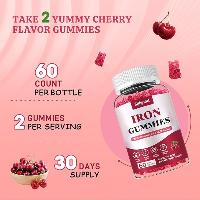 Vegan Iron Supplement for Women, with Vitamin A, C, B6, B12, Folate and Zinc, Energy Boost, Sugar Free, No After Taste - Delicious Cherry Flavor, 60 Count